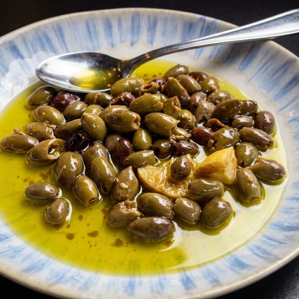 Green and black olives in olive oil with lemon wedges, served in a blue and white patterned bowl.