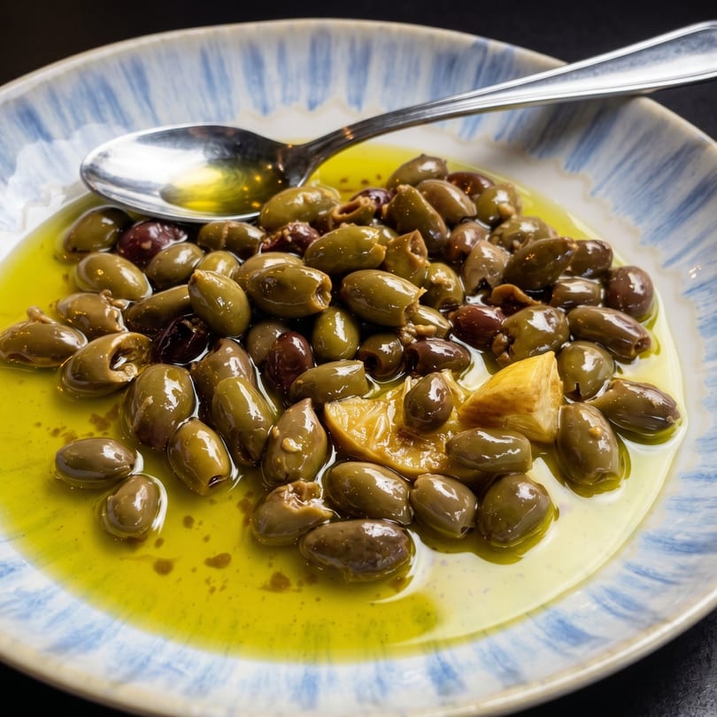 Green and black olives in olive oil with lemon wedges, served in a blue and white bowl.