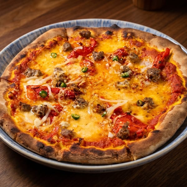 A delicious pizza with sausage, onions, tomatoes, and green chilies on a blue plate.