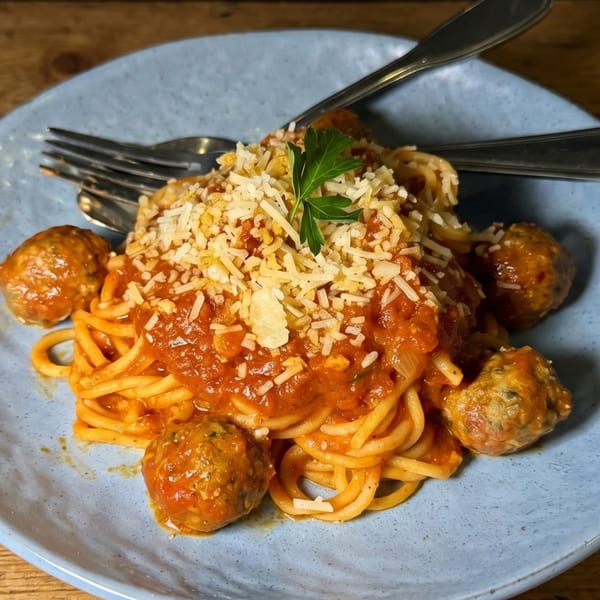 Spaghetti with meatballs, tomato sauce, grated cheese, and a parsley garnish on a blue plate.